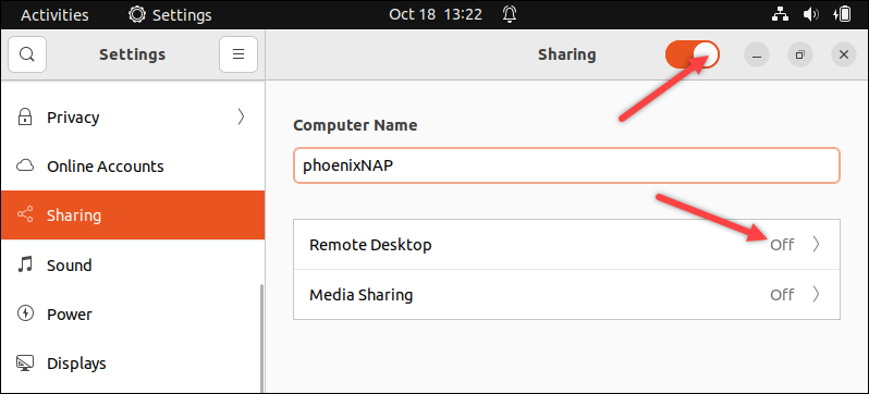 Accessing the Remote Desktop option in Ubuntu settings.