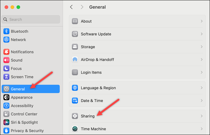 Location of the Sharing section in System Settings on macOS.
