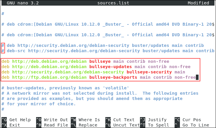 Adding Bullseye repositories to the apt sources file.