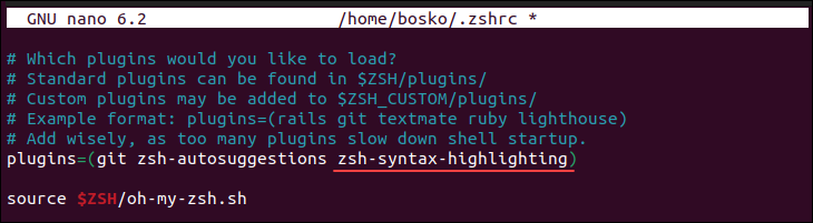 Adding the syntax highlighting plugin to the Z shell configuration file.