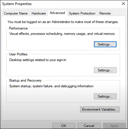 Windows system properties advanced tab