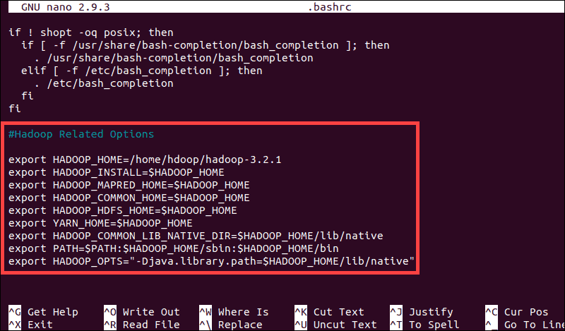 The Hadoop environment variables are added to the bashrc file on Ubuntu using the nano text editor.