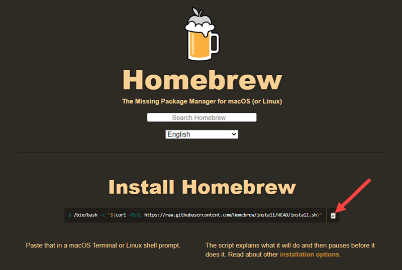The location of the installation command on the official Homebrew website.