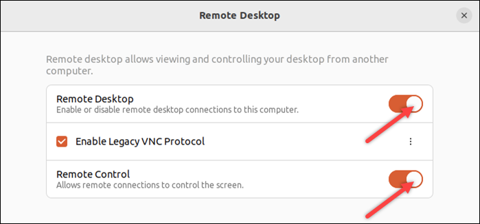 Enabling Remote Desktop and Remote Control in Ubuntu settings.