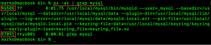 Checking for running MySQL processes in macOS.
