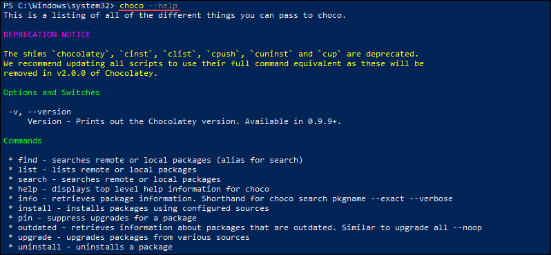 See Chocolatey's help file.
