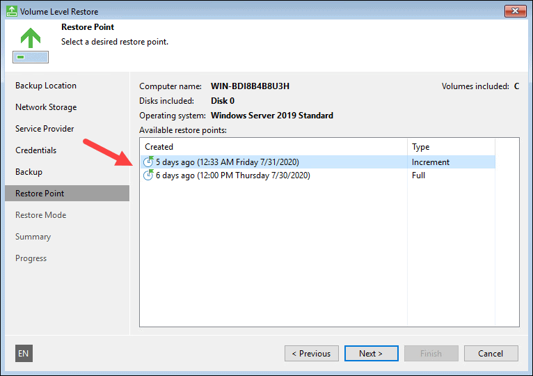 Select a restore point from the list