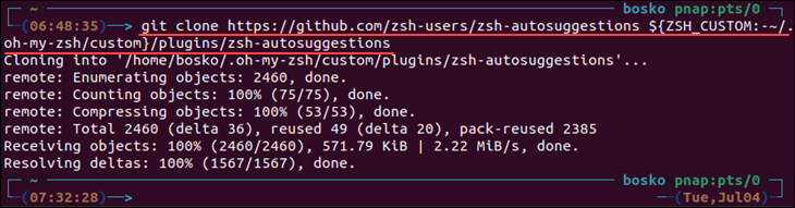 Cloning the auto-suggestions plugin repository for Z shell in Ubuntu.