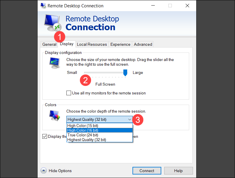 Reducing color depth and screen size in Windows RDP app.