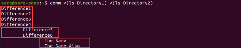 comm ls comparing directories terminal output