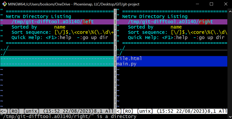 Comparing Git branches using the git difftool.