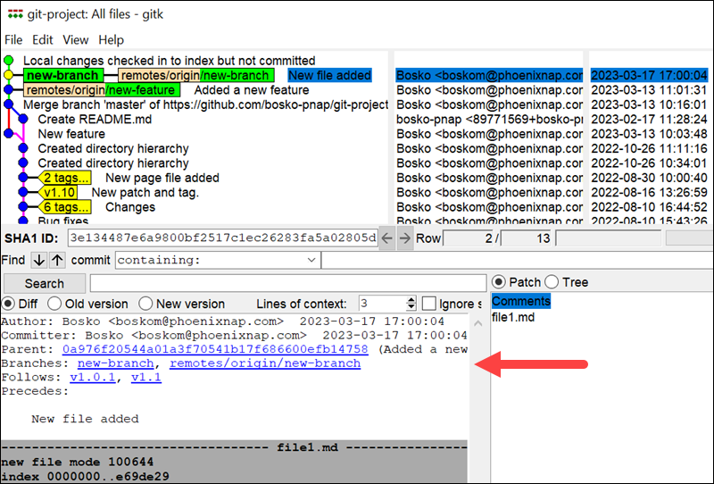 Comparing Git branches using the gitk GUI tool.