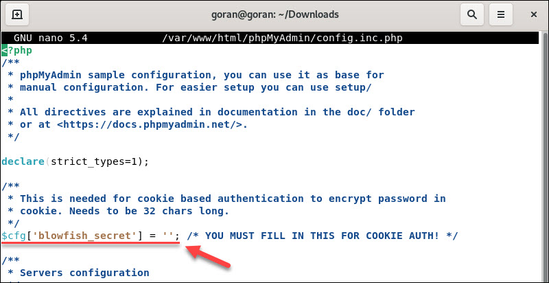 Add passphrase to the phpmyadmin config file.