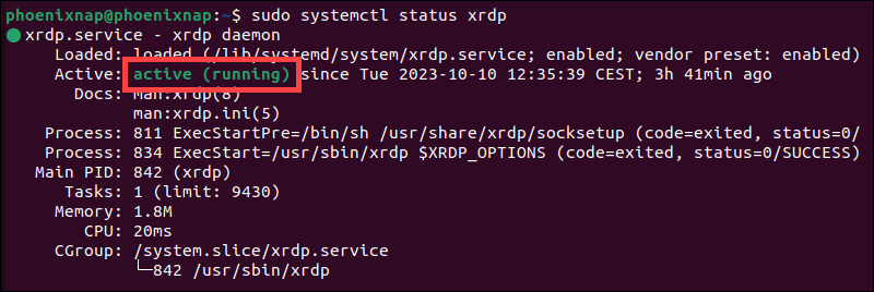 Check status of xrdp server in Ubuntu.