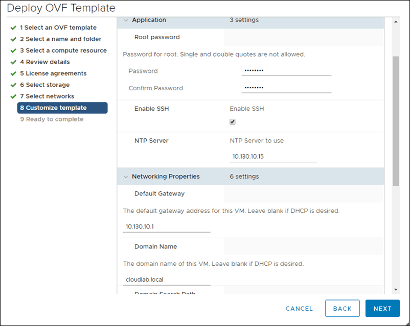 interface for customizing ovf template deployment