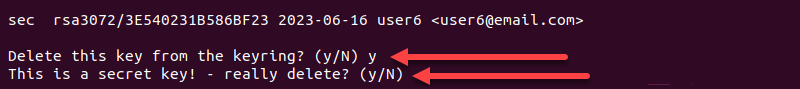 delete multiple keys with keyids confirm second key terminal output