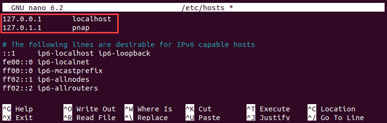 The look of the Hosts file in Linux.