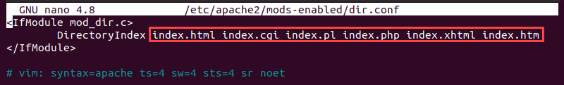 Editing the dir.conf file in Ubuntu.