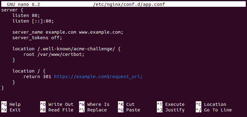 Creating Nginx server configuration file.