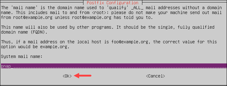 Entering the system mail name during Postfix configuration.