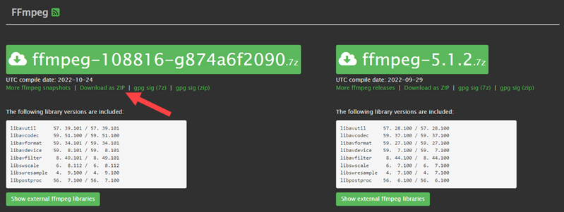 Selecting a FFmpeg snapshot to download.