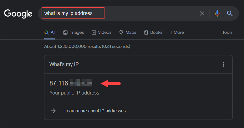 Obtain your public IP address using Google.