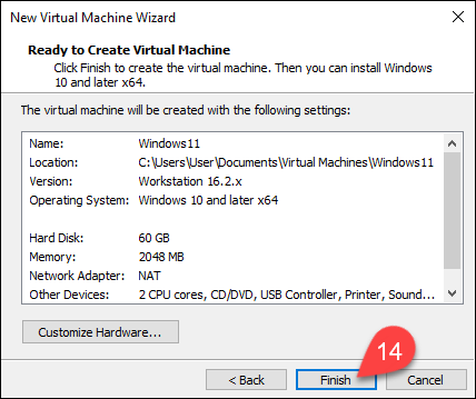 Confirming the configuration and finishing the virtual machine creation.