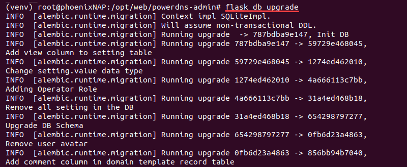 flask db upgrade terminal output