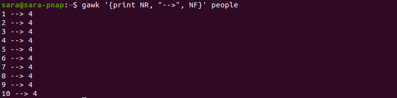 gawk print NR NF terminal output