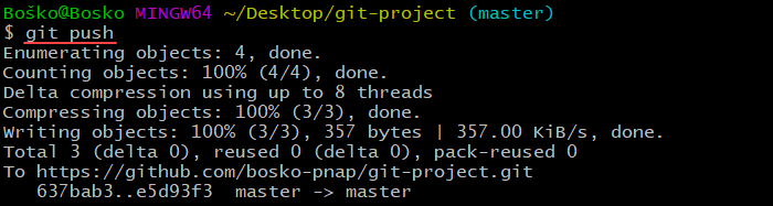 Running git push to push changes from local repo to a remote one.