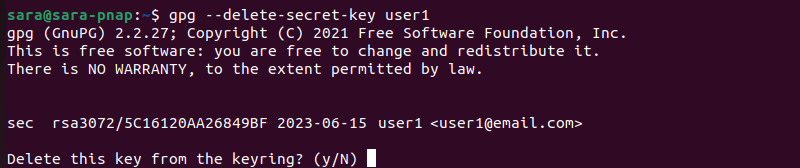 gpg --delete-secret-key terminal output
