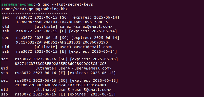 gpg --list secret-keys confirms second deleted key