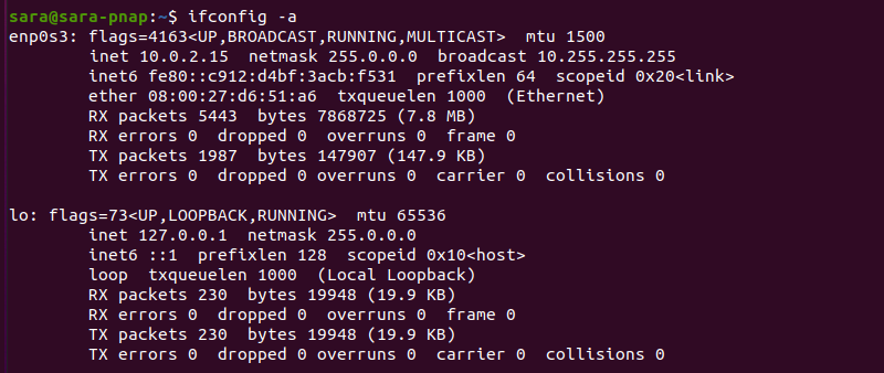 ifconfig -a Ubuntu terminal output