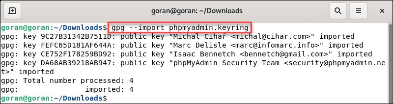 System imports gpg keyring to verify phpmyadmin download files