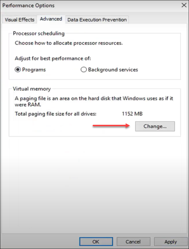 Change allocated virtual memory for paging in Windows