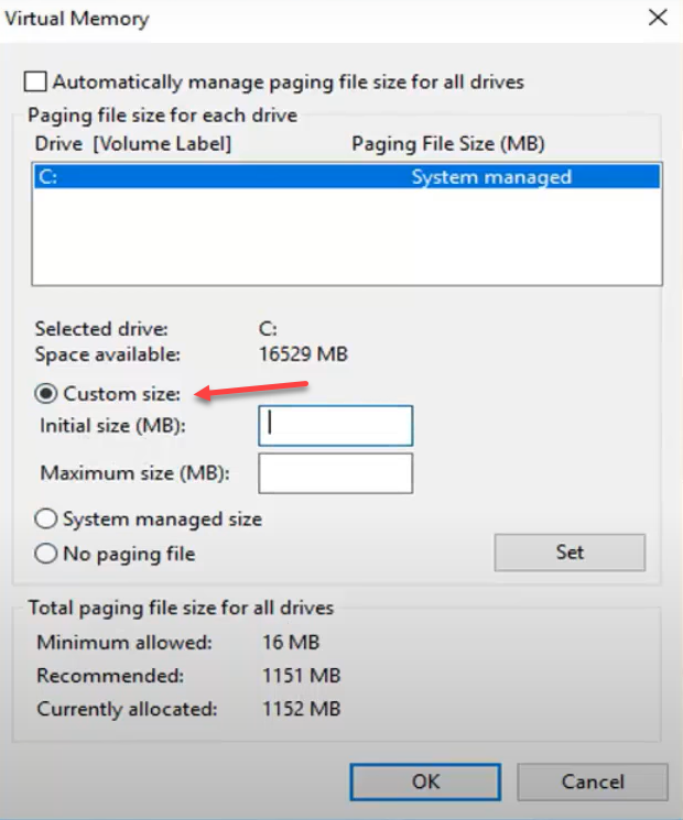 Choose custom size for virtual memory for paging in Windows
