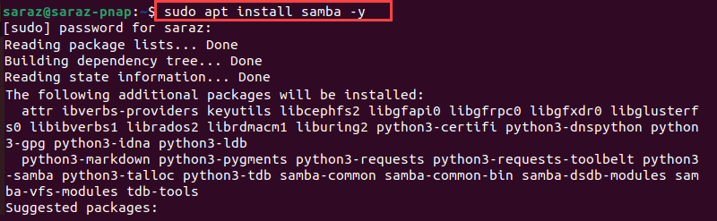 installing Samba terminal output