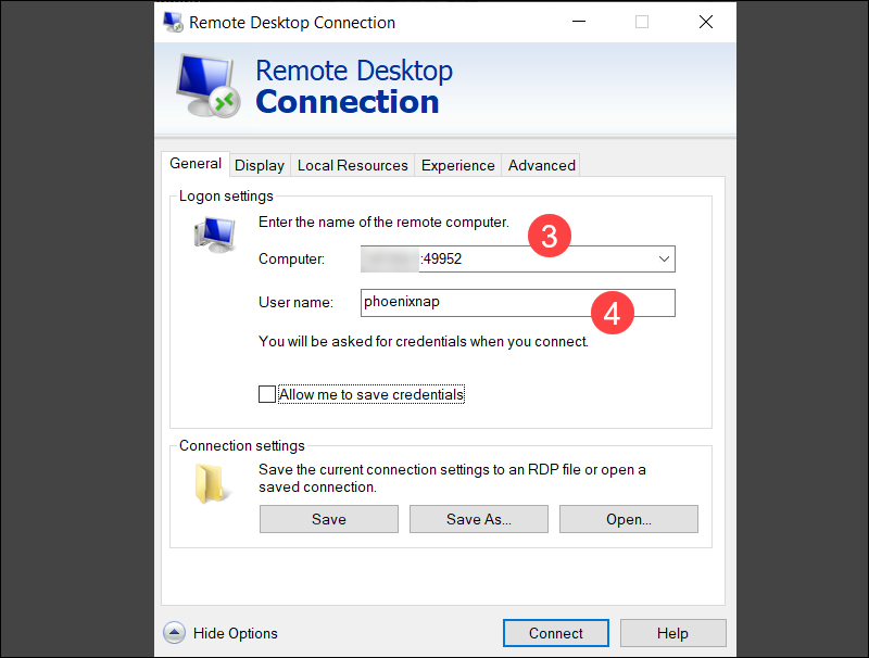 Type IP and username for Windows to Ubuntu RDP session.