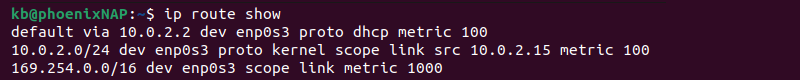 ip route show terminal output