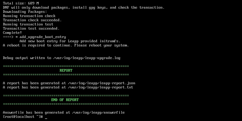 leapp upgrade results success terminal output CentOS 7