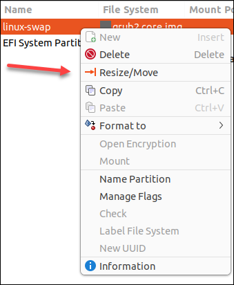 linux gparted resize swap partition