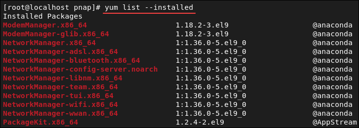 Listing installed packages on the system with YUM.