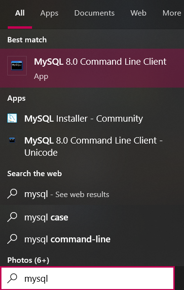 Searching for the MySQL Command Line Client in the Taskbar