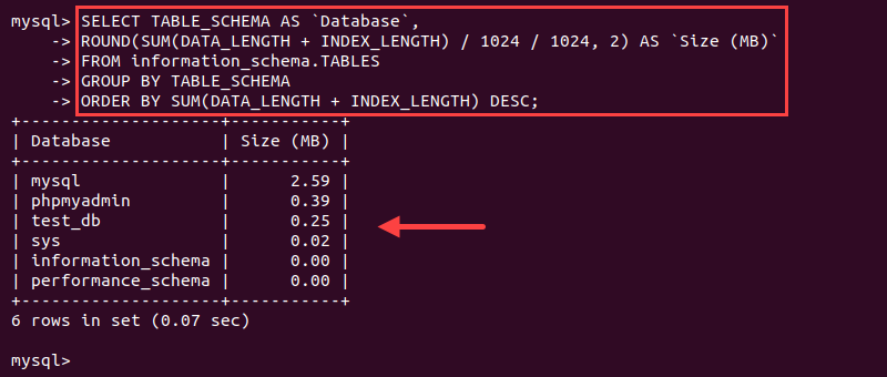 MySQL select all database sizes query output