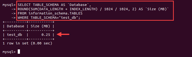 MySQL select database size query output