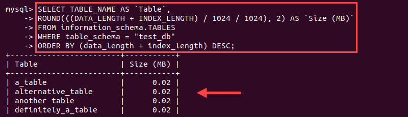 MySQL select single database table sizes query output