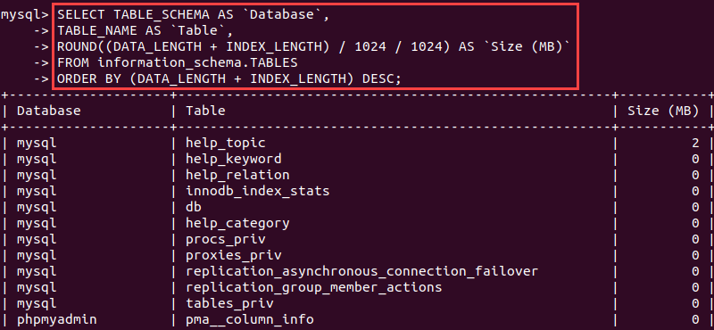 MySQL select all tables databases size query output