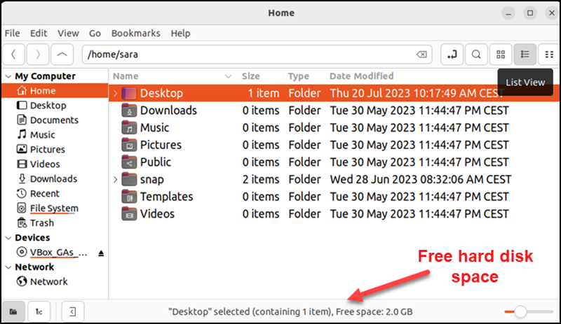Nemo free hard disk space in List view