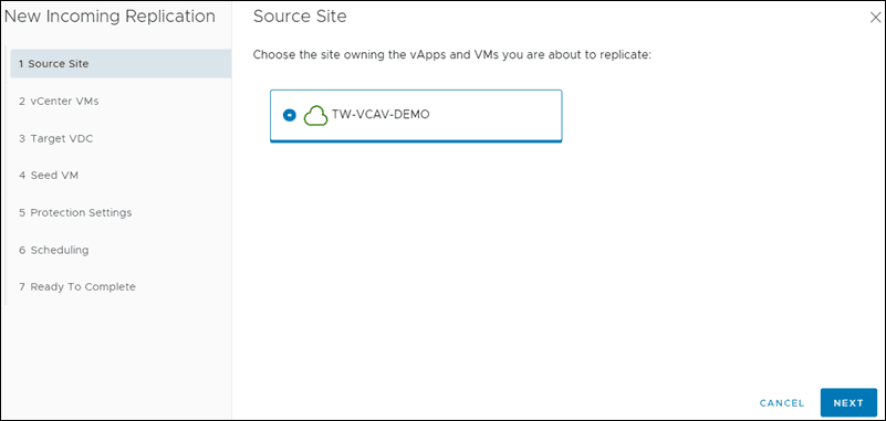 vcloud interface new incoming replication source site