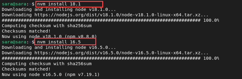 NVM install multiple versions terminal output